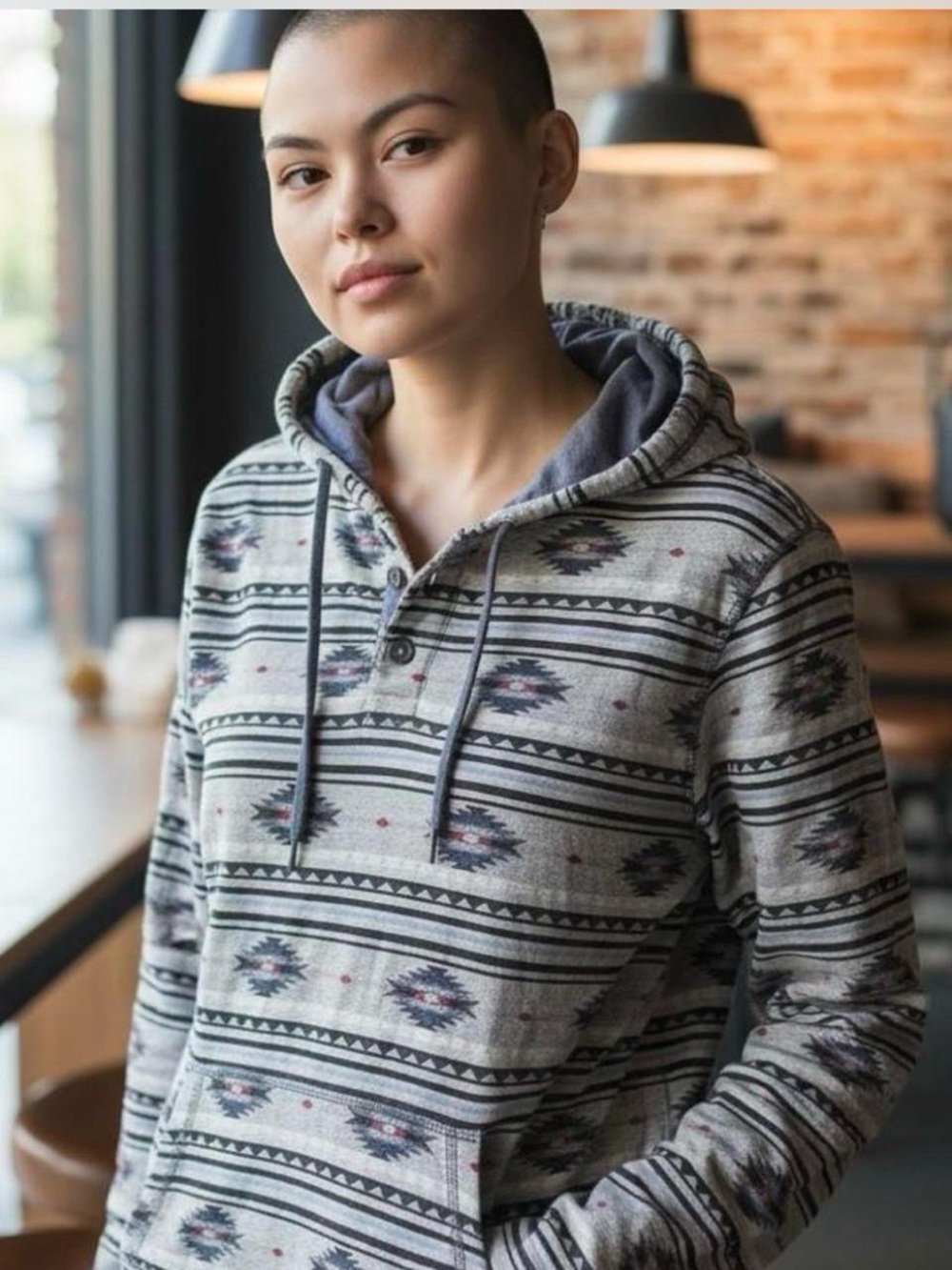 Free Planet Aztec Geometric Knit Henley Hoodie Pullover Size L